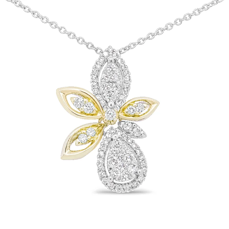 Regency style necklaces-14K White and Yellow Gold 5/8 Cttw Round Diamond Marquise Floral Style 18" Pendant Necklace