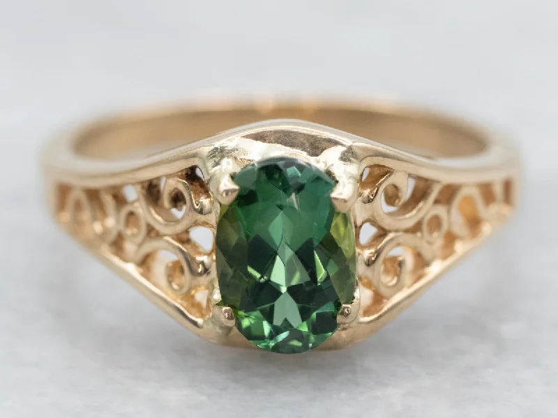 Fine clay rings-Yellow Gold Oval Cut Green Tourmaline Solitaire Ring with Pierced Scrolling Shoulders