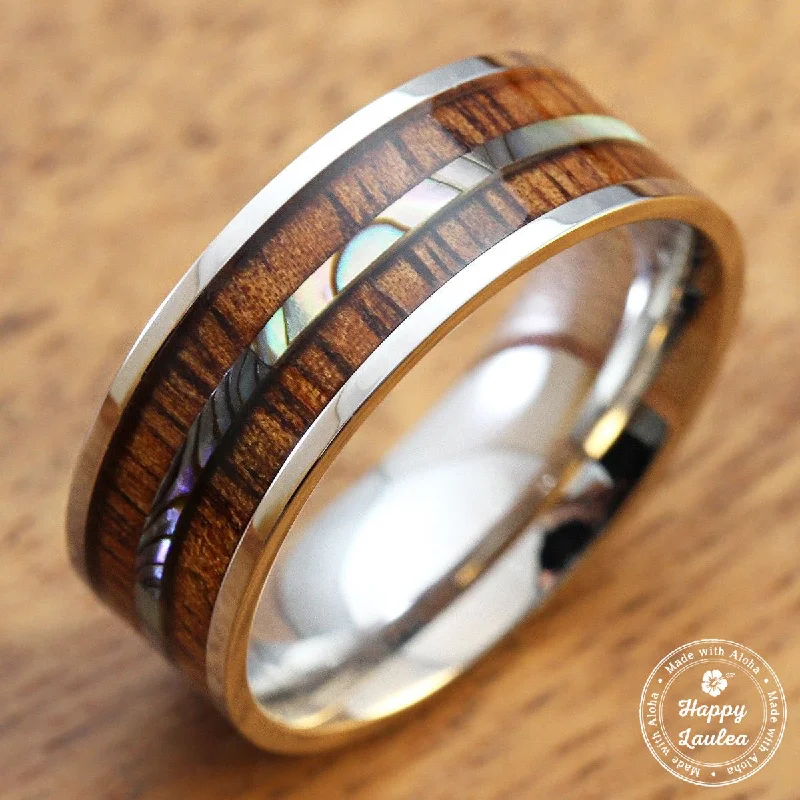 Aged lock rings-Tungsten Carbide Ring [8mm width] Hawaiian Koa Wood and Thin Mid-Strip Abalone Shell Inlay