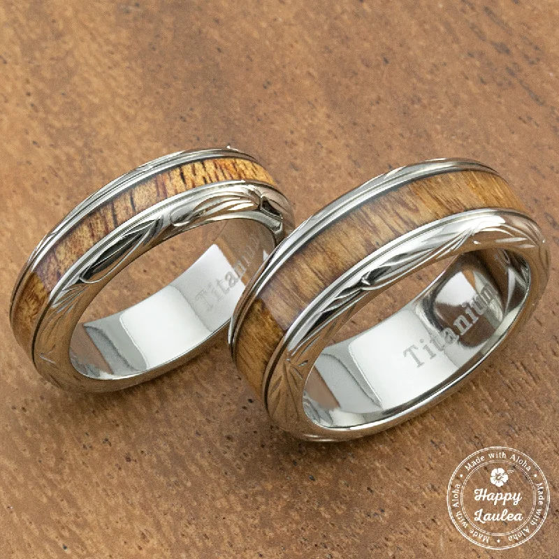 Woven motif rings-Pair of Hand Engraved Titanium Couple/Wedding Ring with Hawaiian Koa Wood Inlay - 6&8mm, Dome Shape, Comfort Fitment