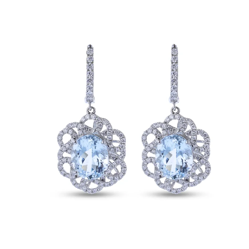 Broad hoop earrings-14KT WHITE GOLD 6.78CTW AQUAMARINE & 1.23CTW DIAMOND DROP EARRINGS