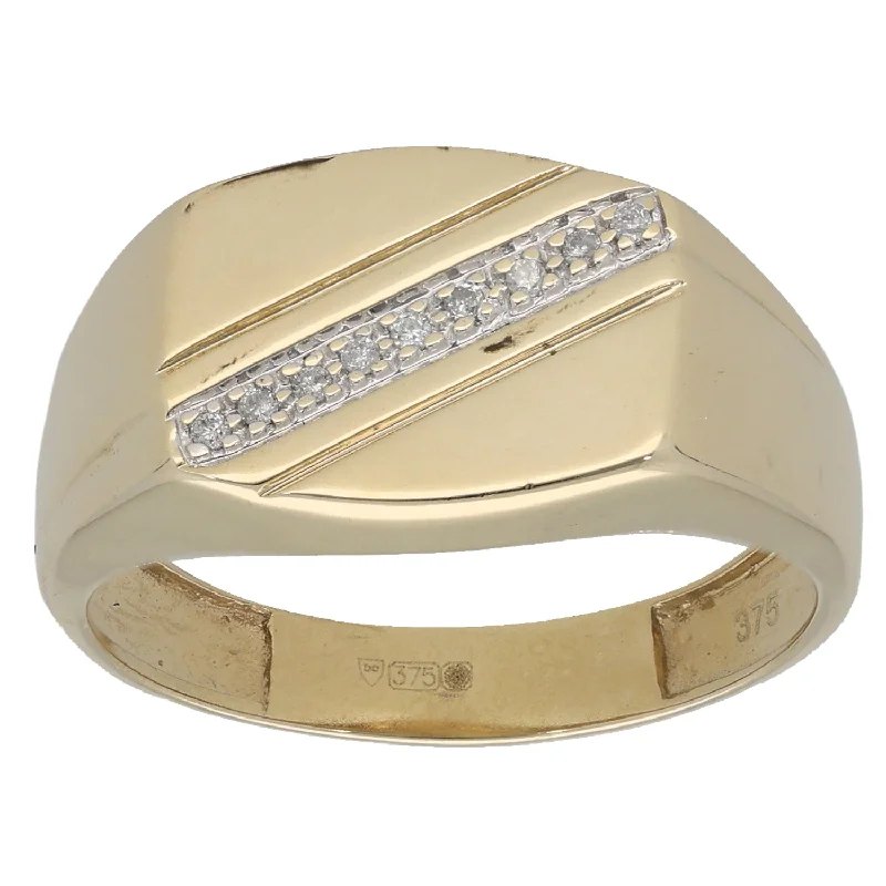 Hand-glossy rings-9ct Gold 0.045ct Diamond Patterned Signet Ring Size T