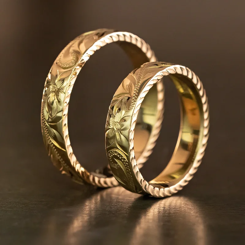 Solid gold rings-Solid Gold Hand Engraved Ring [4mm width] Diamond Cut Edges