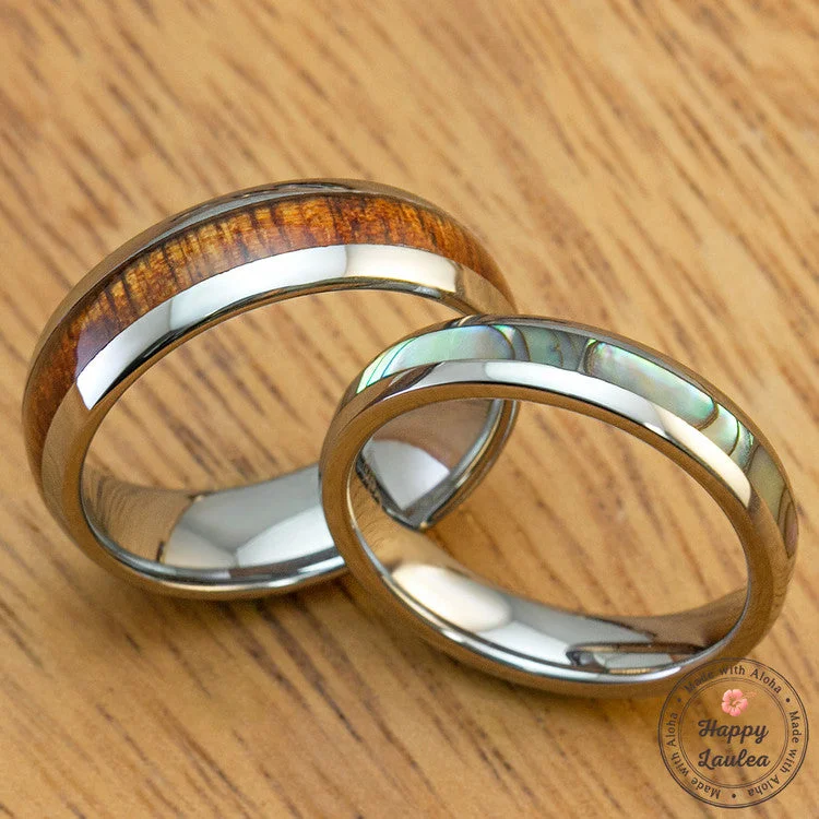 Akoya pearl rings-Pair of Tungsten Carbide Rings with Pau'a Shell and Koa Wood Inlay