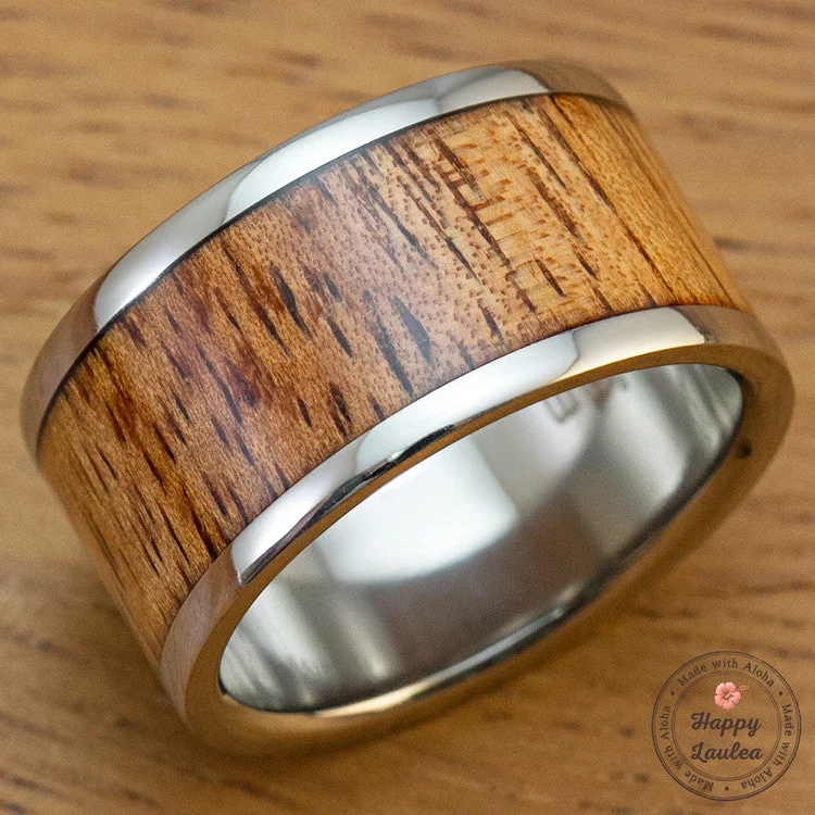 Tulip rings-Titanium Ring with Hawaiian Koa Wood Inlay - 12mm, Flat Shape, Standard Fitment