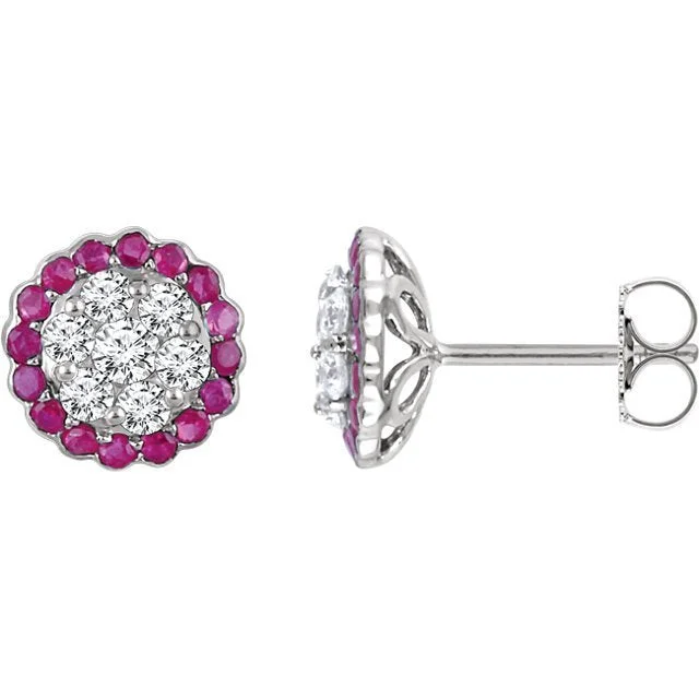 Thread fringe earrings-14KT WHITE GOLD 1/2 CTW RUBY & 5/8 CTW DIAMOND HALO CLUSTER EARRINGS