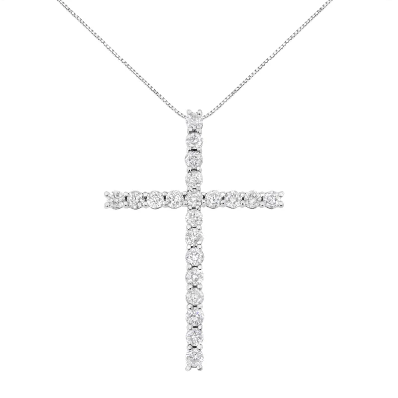 Multi-strand necklaces-.925 Sterling Silver 4.0 Cttw Diamond 2-1/4" Cross Pendant with Box Chain Necklace