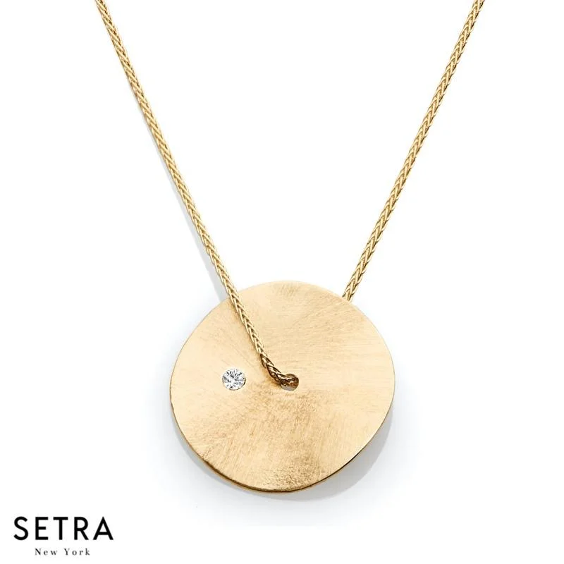 Curved design necklaces-14K FINE GOLD MOON SYMMETRIC FLAT DISK PLATE DIAMOND NECKLACE