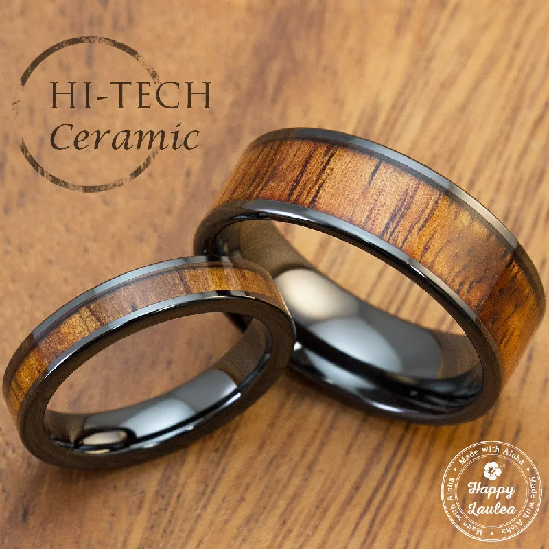 Ocean inlay rings-Pair of 4 & 8mm HI-TECH Black Ceramic Ring Set with Koa Wood Inlay - Flat Shape, Comfort fitment