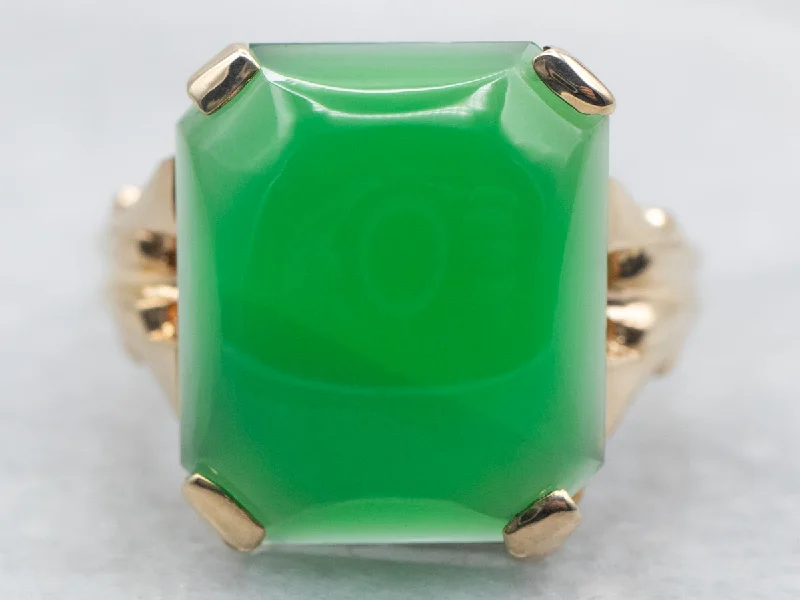 Solid stone rings-Yellow Gold Rectangle Cut Green Onyx Cabochon Solitaire Ring