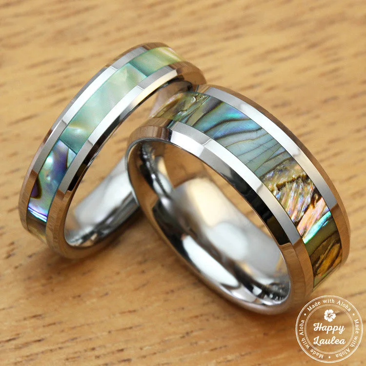 Fun rings-Pair of Tungsten Carbide Rings [6&8mm] Abalone Shell Inlay