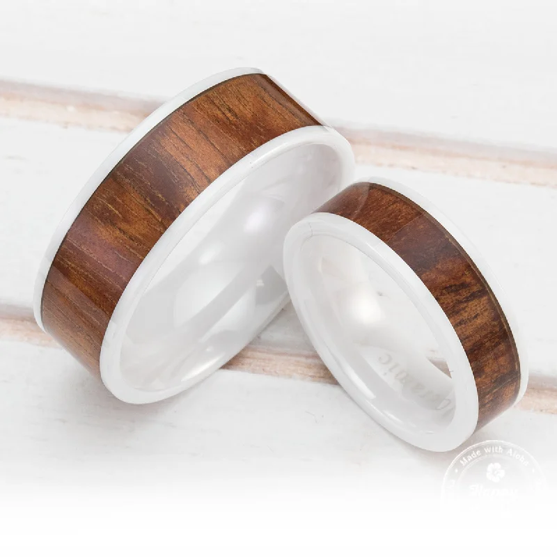 Fine rose rings-Pair of White Ceramic Couple/Wedding Ring Set with Koa Wood Inlay - 6&8mm, Flat Shape, Comfort Fitment