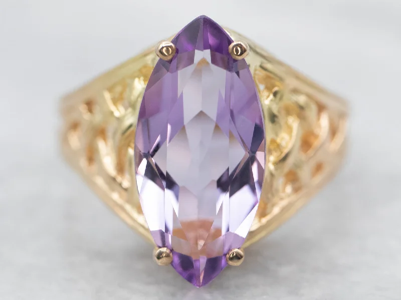 Woven motif rings-Yellow Gold Marquise Cut Amethyst Solitaire Ring