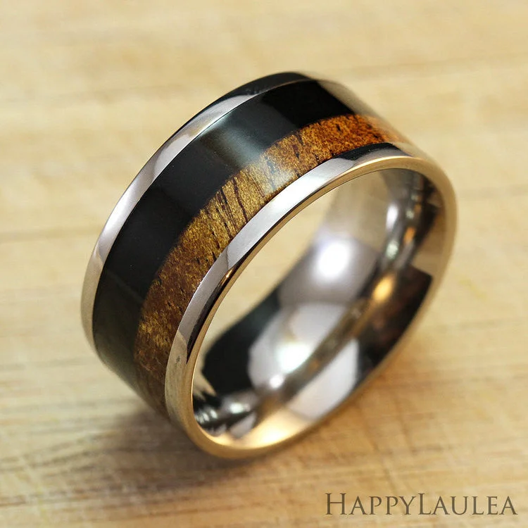 Fine accent rings-Titanium Ring [8mm width] Koa Wood and Black Ebony Wood Inlay