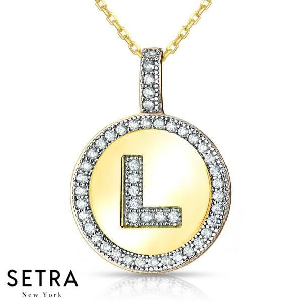 Vine design necklaces-INITIAL MICRO-PAVE FINE 18K GOLD CIRCLE DISC "L" DIAMONDS NECKLACE