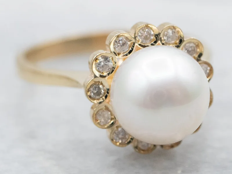 Sleek clasp rings-Saltwater Pearl Ring with Diamond Halo