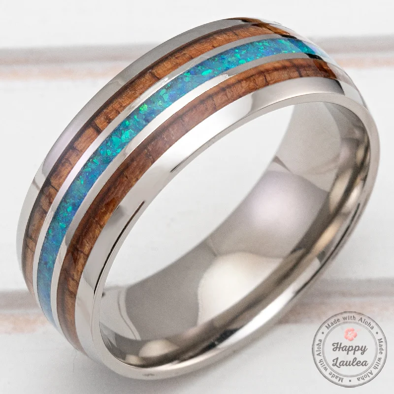 Multi-gem rings-Titanium GR5 Ring [8mm width] Azure Blue Opal & Hawaiian Koa Wood