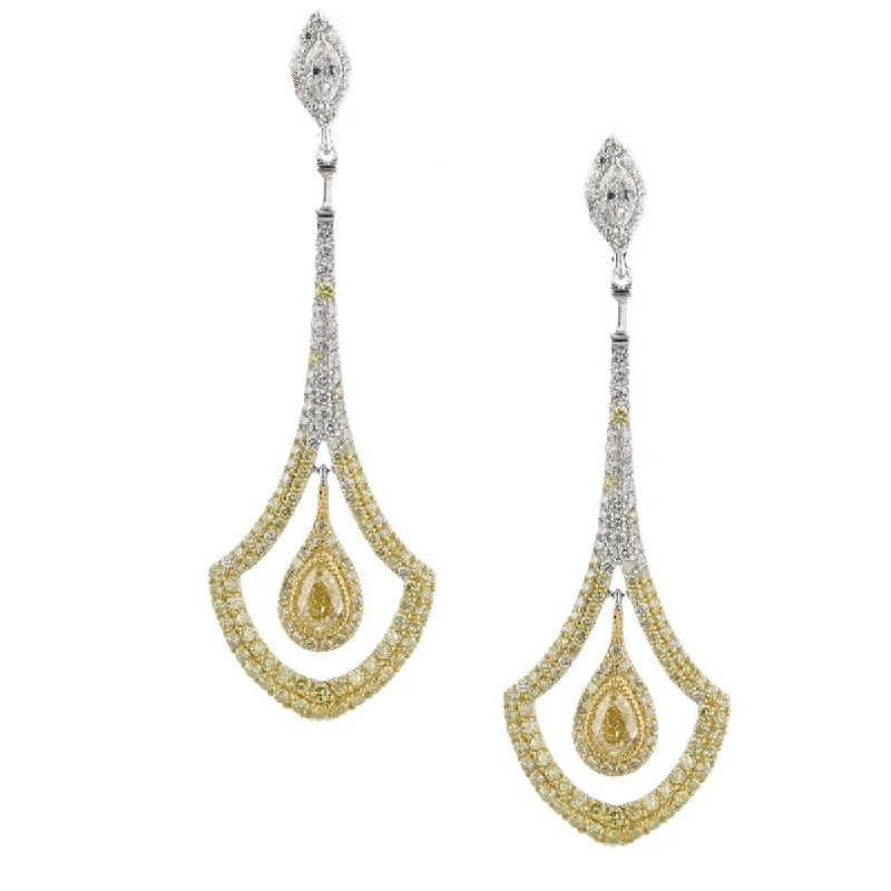 Curved art earrings-18KT WHITE GOLD 4.52 CTW WHITE & FANCY YELLOW DIAMOND DROP EARRINGS