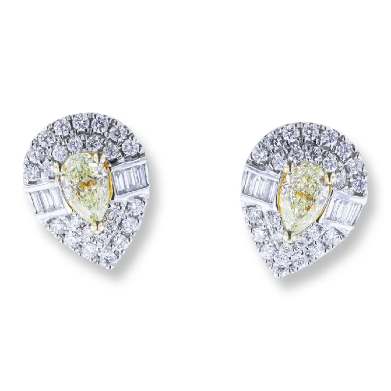 Reed style earrings-14K WHITE GOLD 0.63CTW YELLOW DIAMOND & 0.50CTW WHITE DIAMOND HALO EARRINGS