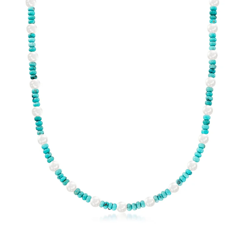 Tarnished silver necklaces-Ross-Simons Turquoise Bead and 6-6.5mm Cultured Pearl Necklace With Sterling Silver