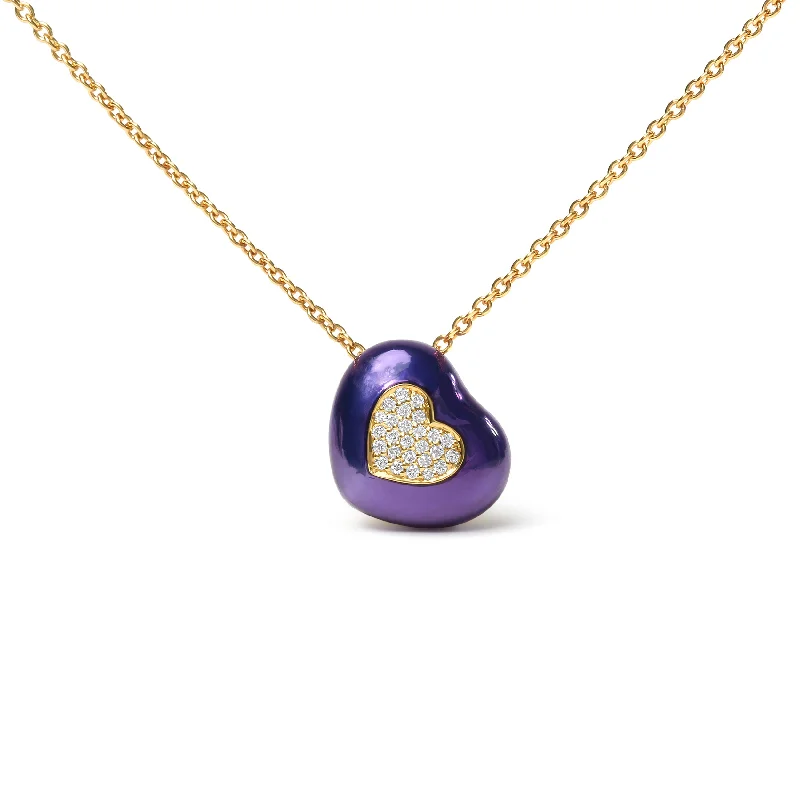 Stacked chain necklaces-18K Yellow Gold Blue Enamel 1/10 Cttw Round Pave Diamonds Heart Shape 18" Pendant Necklace