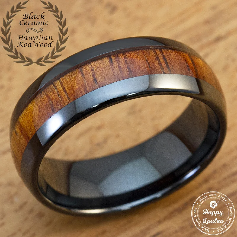 Fine heart rings-HI-TECH Black Ceramic Ring with Hawaiian Koa Wood Inlay - 8mm, Dome Shape, Comfort Fitment