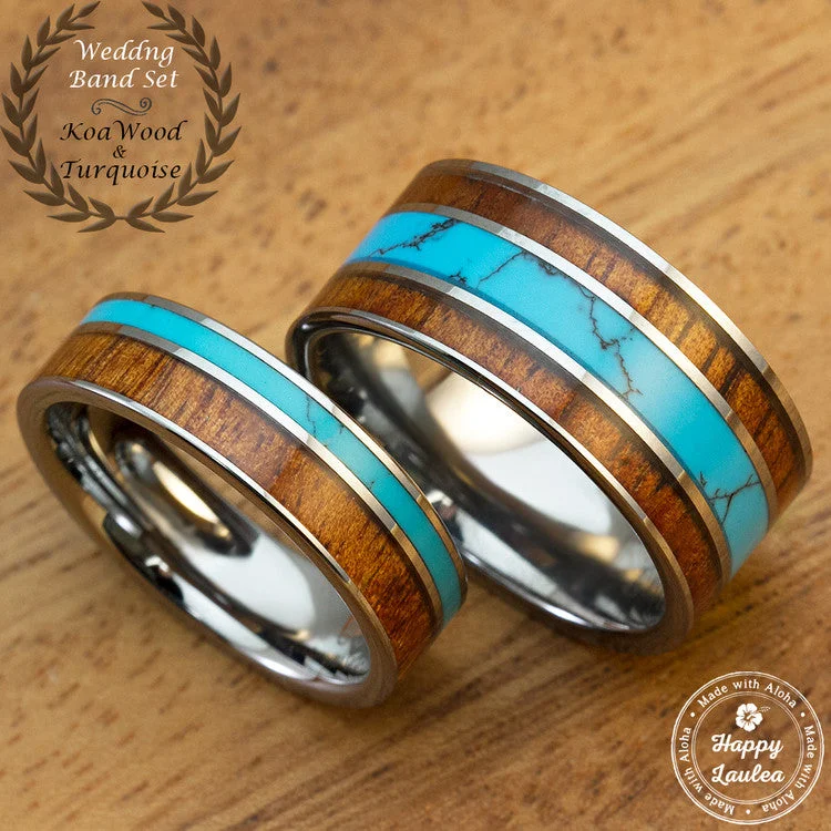 Stone pile rings-Pair of Assorted Tungsten Carbide Ring Set with Hawaiian Koa Wood and Turquoise Inlay - 6&10mm, Flat Shape, Comfort Fitment