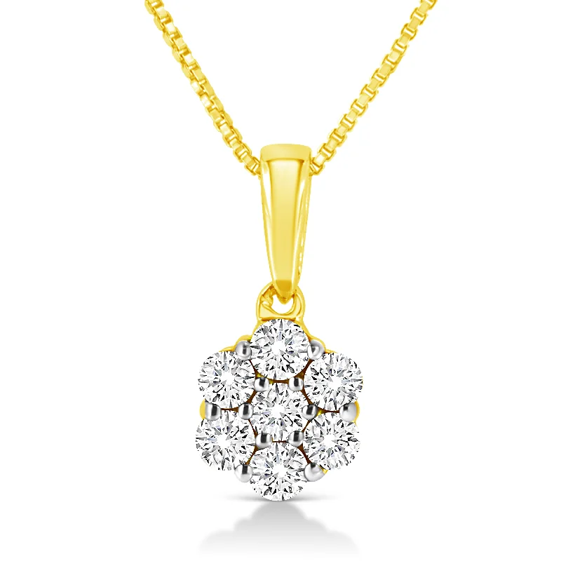 Sun sign necklaces-14K Yellow Gold 1/4 Cttw Prong Set Round-Cut Diamond 7 Stone Floral Cluster 18" Pendant Necklace