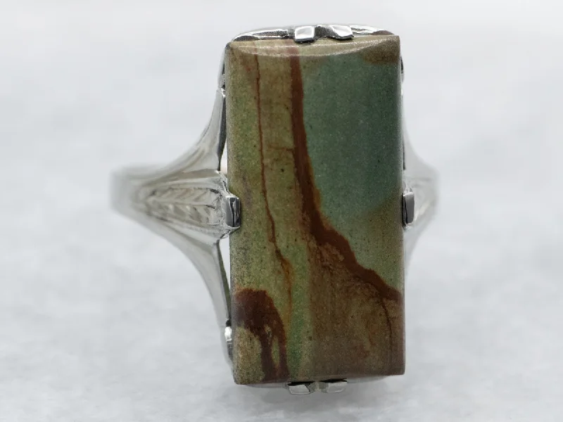 Solid band rings-White Gold Rectangle Cut Jasper Ring