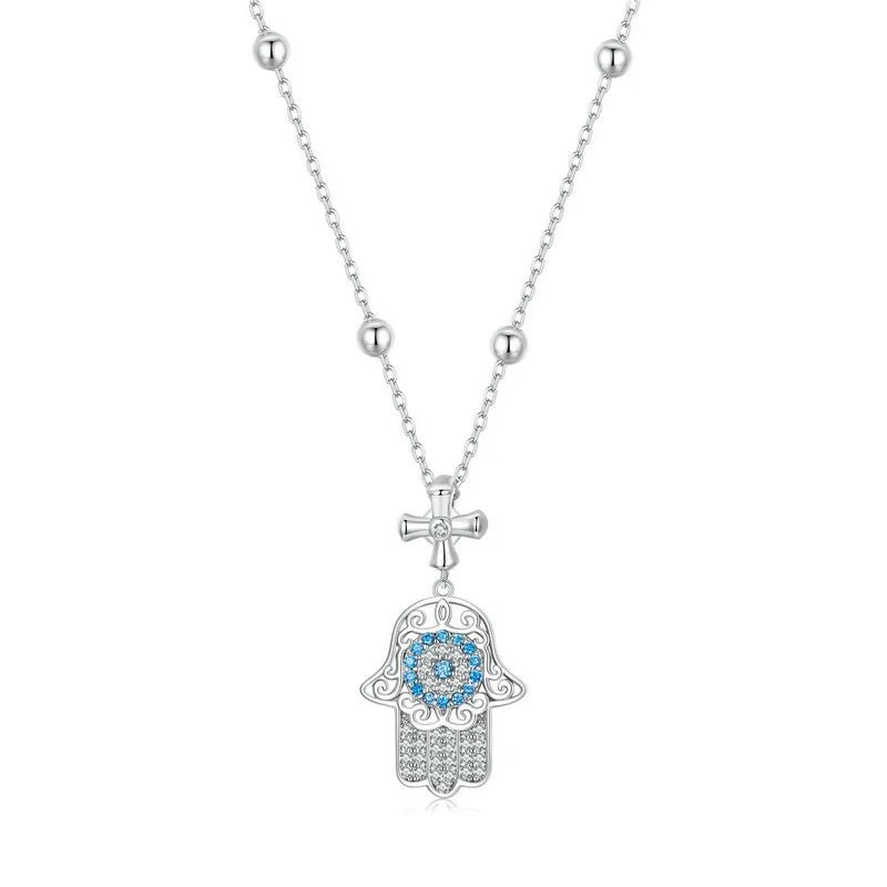 Sleek pendant necklaces-Round Diamond Hamsa Pendant Necklace with Cross