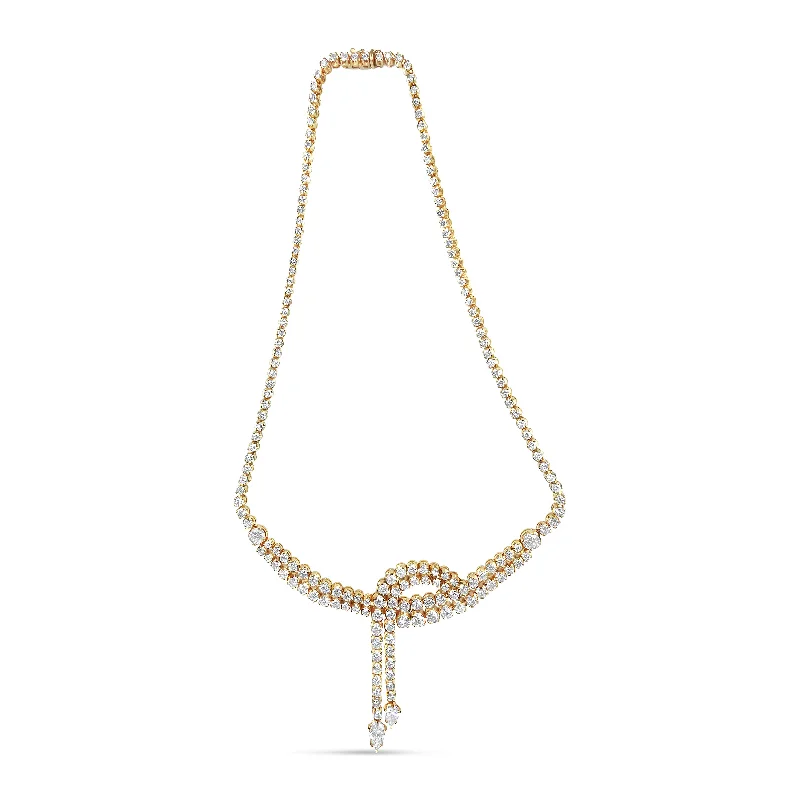 Twist knot necklaces-14k Yellow Gold 17.0 Cttw Diamond Double Row Lariat 18" Inch Tennis Necklace with Pear Shape Diamond Drop Tips