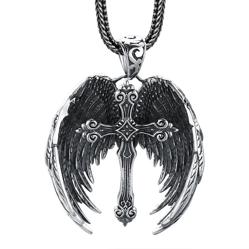 Ripple shape necklaces-Vintage Cross Feather Wings Necklace