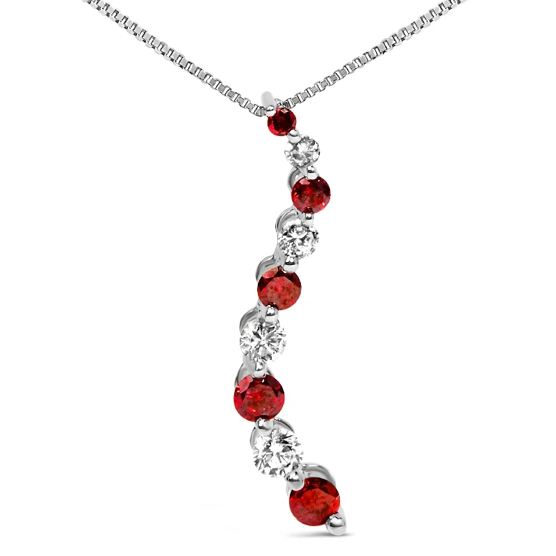 Shiny bead necklaces-14K White Gold 1.0 Cttw Alternating Treated Red and White Diamond Journey 18" Pendant Necklace