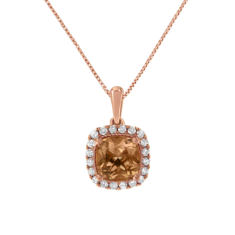 Glossy name necklaces-10K Rose Gold 1/4ct Diamond and 8MM Peach Morganite Gemstone Square Pendant