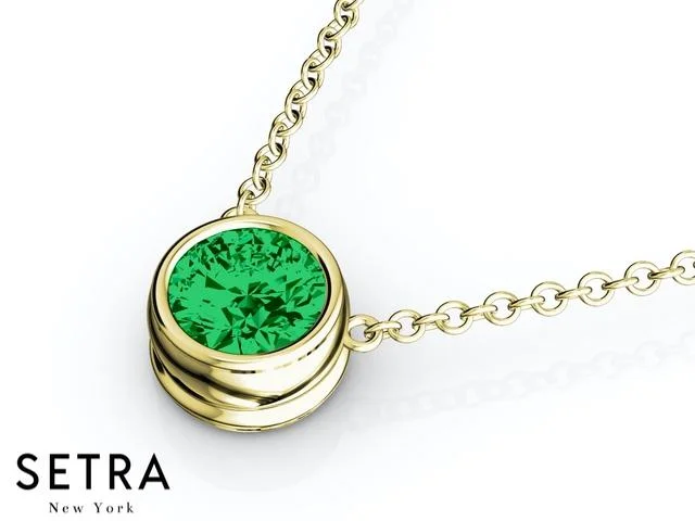 Slide clasp necklaces-14K FINE ROSE GOLD GREEN EMERALD PANDENTS OR NECKLACE SOLITAIRE BAZEL SETTING