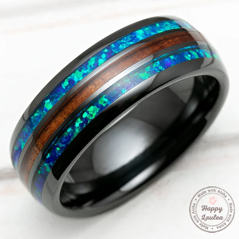 Thai tile rings-HI-TECH Black Ceramic Ring with Blue Opal & Hawaiian Koa Wood Tri-Inlay (Opal-Wood-Opal) - 8mm, Dome Shape, Comfort Fitment