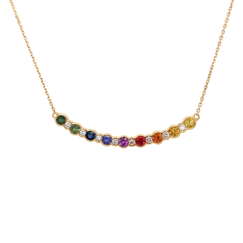 Modern art necklaces-9K Yellow Gold Multicolour Sapphire and Diamond Bar Necklace