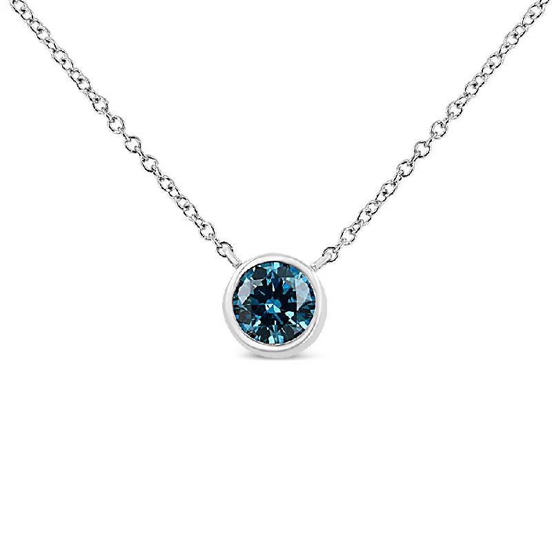 Vine design necklaces-14K White Gold 1/2 Cttw Blue Lab Grown Diamond Modern Bezel-Set Solitaire 16"-18" Pendant Necklace