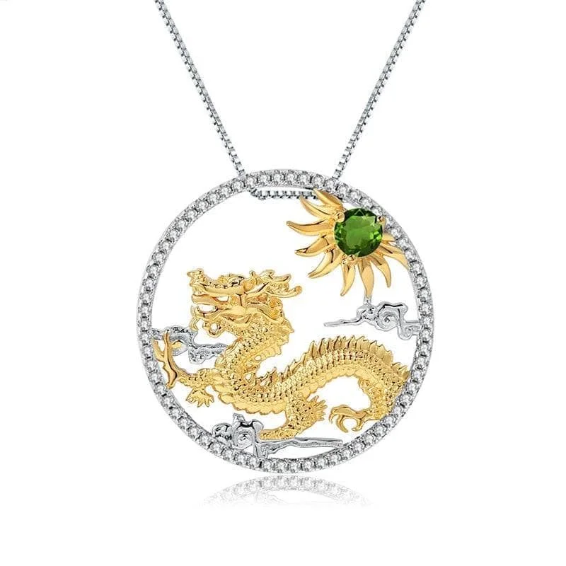 Wrap-style necklaces-Year Of The Dragon-Natural Chrome Diopside Handmade Flying Dragon Necklace