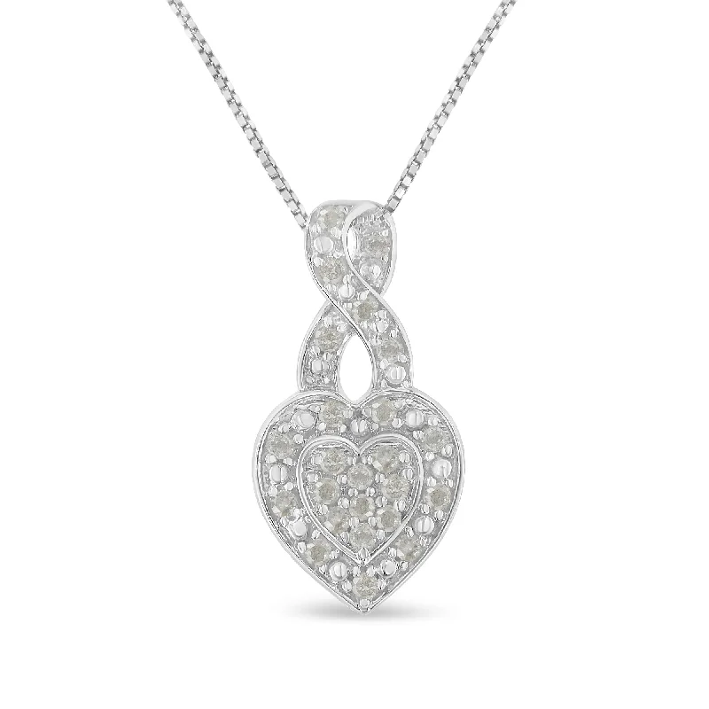 Wrap-style necklaces-.925 Sterling Silver 1/3 Cttw Diamond Awareness Ribbon Halo Heart 18" Pendant Necklace