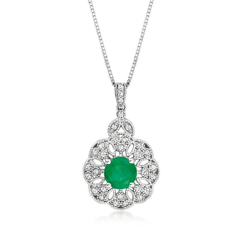 Akoya pearl necklaces-Ross-Simons Emerald and . Diamond Milgrain Pendant Necklace in Sterling Silver