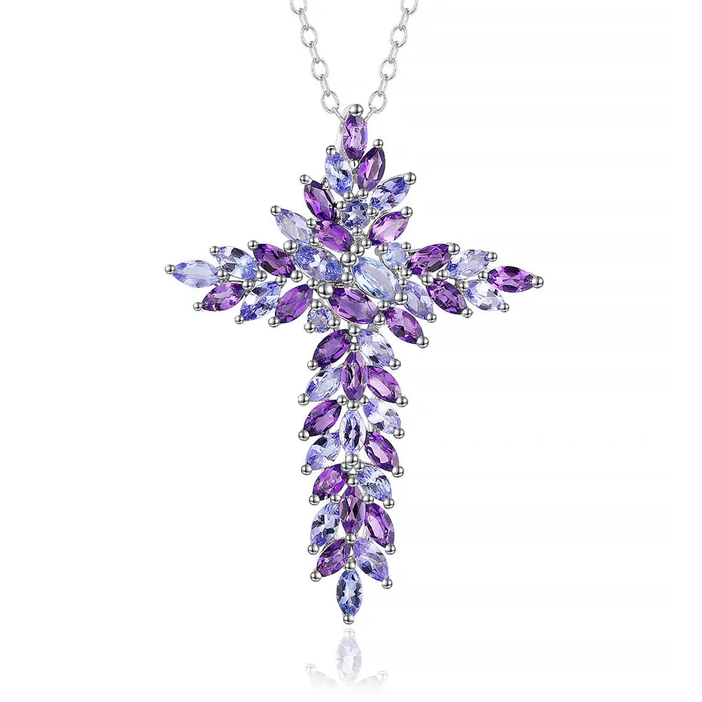 Sleek pendant necklaces-Elegant Amethyst and Tanzanite Marquise-Cut Cross Pendant Necklace