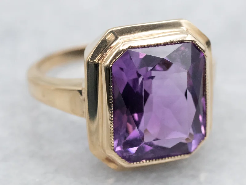 Stacked design rings-Yellow Gold Bezel Set Emerald Cut Amethyst Solitaire Ring