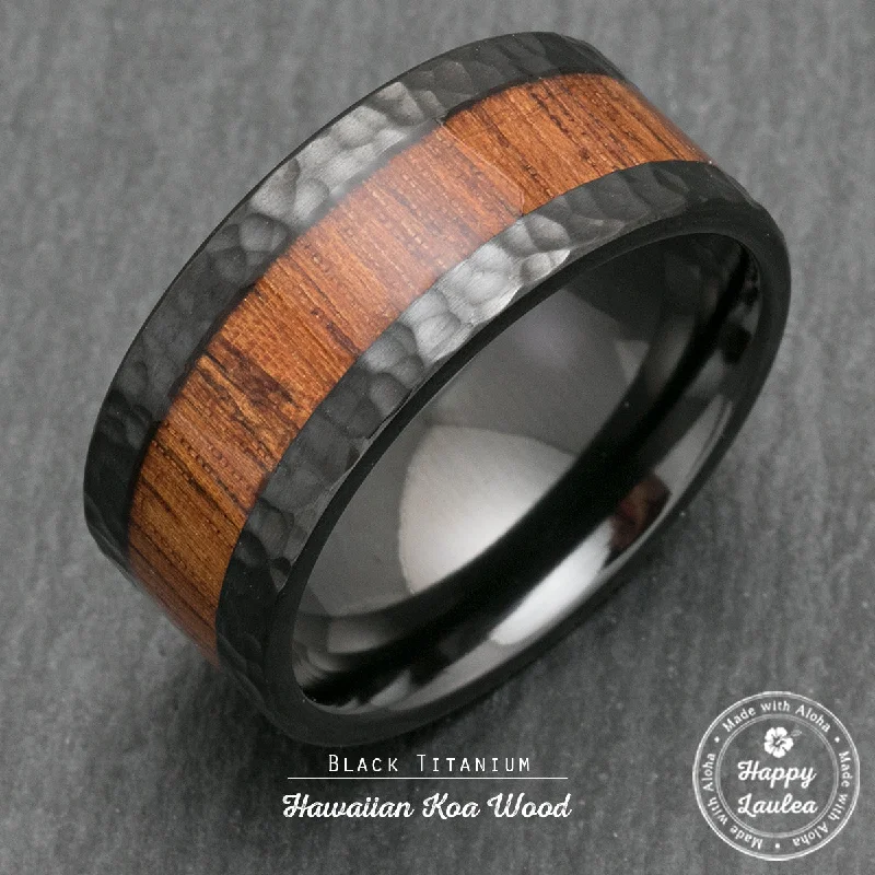 Fine star rings-Black Zirconium Hammered Ring [10mm Width] Hawaiian Koa Wood Inlay - Flat Shape, Comfort Fitment