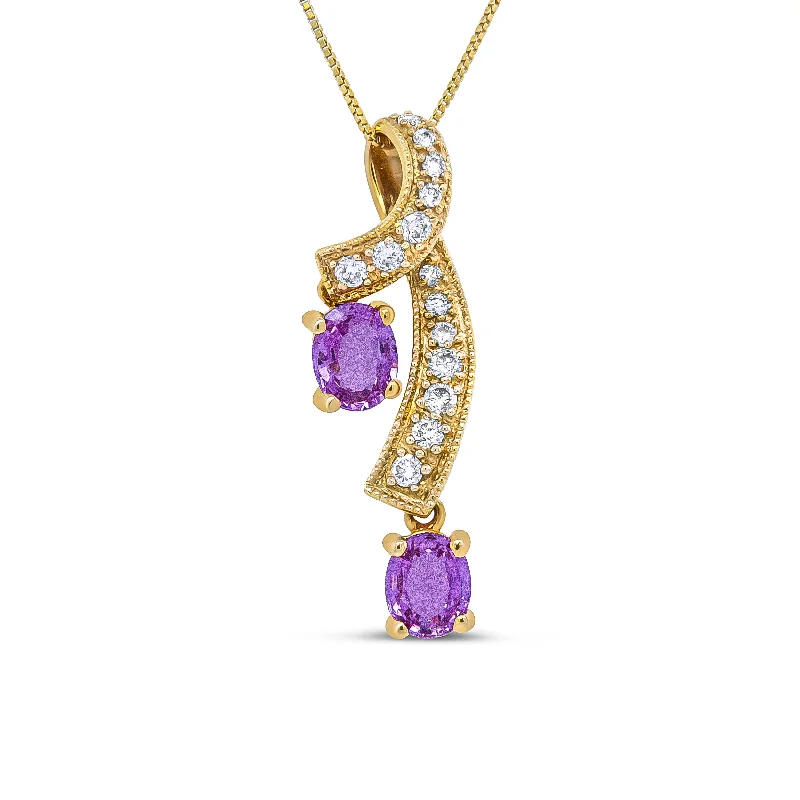 Petite stone necklaces-14K Yellow Gold 6x4mm Oval Pink Sapphire and 1/5 Cttw Round Diamond Pendant Necklace -