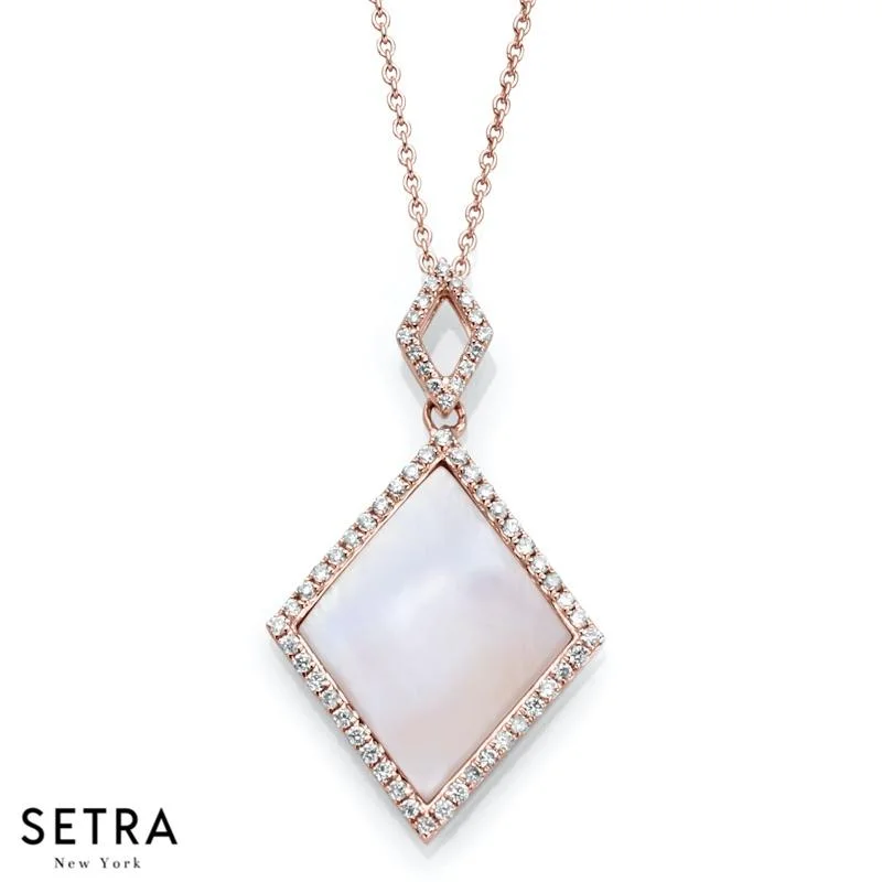 Solid gem necklaces-DESIGNER 14K FINE ROSE GOLD WITH SQUARE NECKLACE MATT FINISH PEARL & DIAMONDS