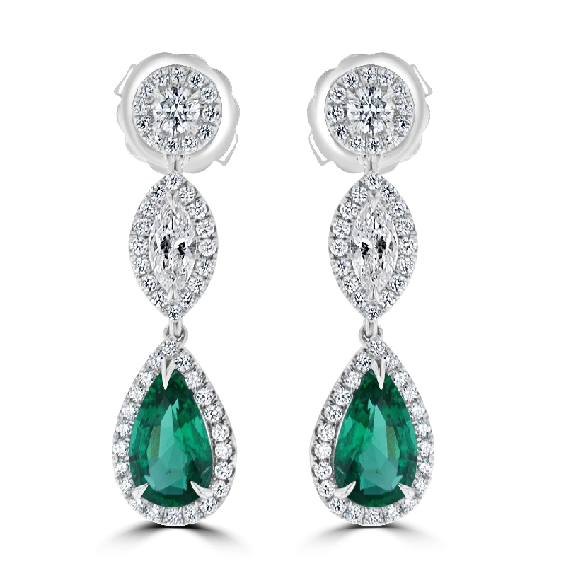 Sapphire stud earrings-JULEVE 18KT WHITE GOLD 3.32 CTW EMERALD & 1.73 CTW DIAMOND HALO DROP EARRINGS