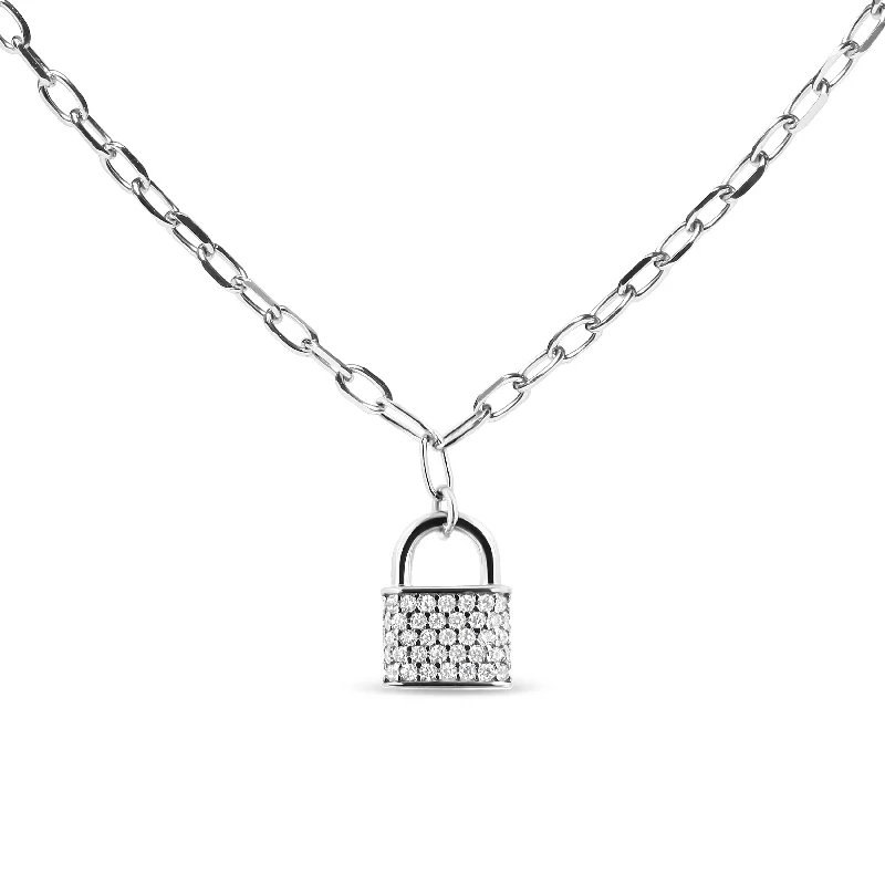 Modern art necklaces-.925 Sterling Silver 1/4 Cttw Diamond Lock Pendant Necklace with Paperclip Chain