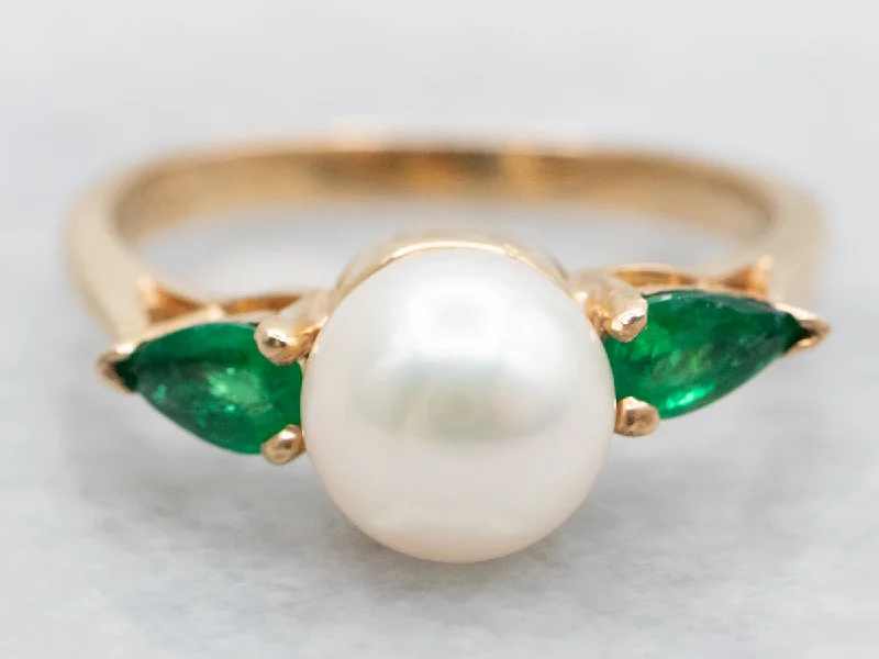 Ripple style rings-Saltwater Pearl and Emerald Ring