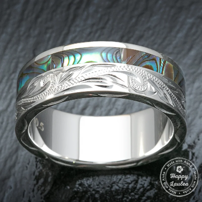 Oxidized bronze rings-Sterling Silver Hand Engraved Ring with Offset Abalone Shell Inlay - 8mm, Flat Shape, Standard Fitment